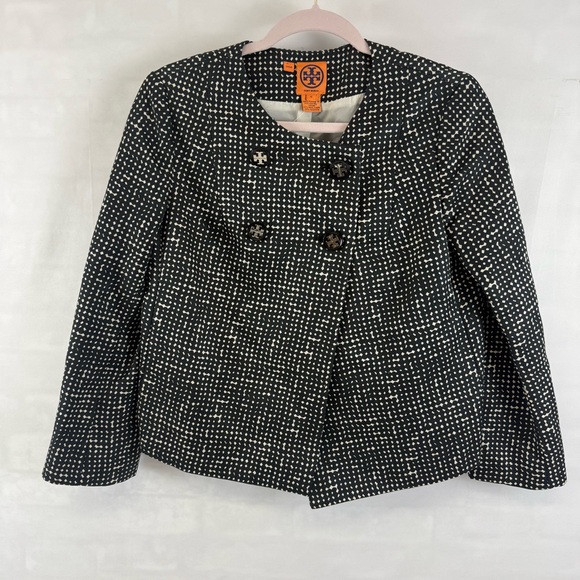 Tory Burch Women’s Sz 6 Jacket Black White Tweed Silk Wool Blend Double Breasted - Picture 1 of 8